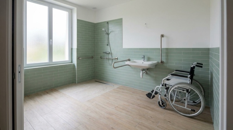 Salle de bain accessible en fauteuil roulant avec douche de plain-pied et barres murales