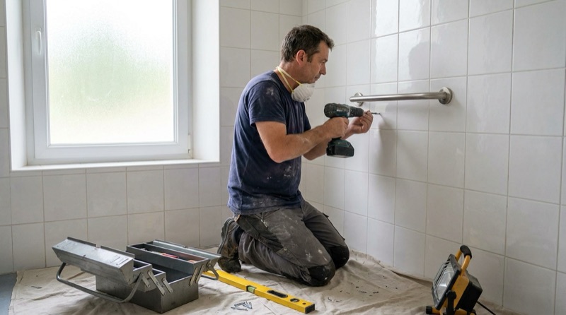 Artisan fixant une barre d'appui inox sur le mur carrelé d'une salle de bain