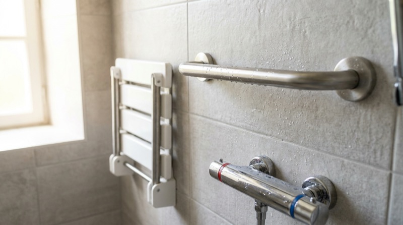 Barre d'appui inox, siège rabattable mural et mitigeur thermostatique dans une douche