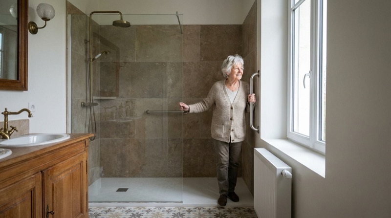 Femme senior prenant appui sur la barre de sa nouvelle douche de plain-pied
