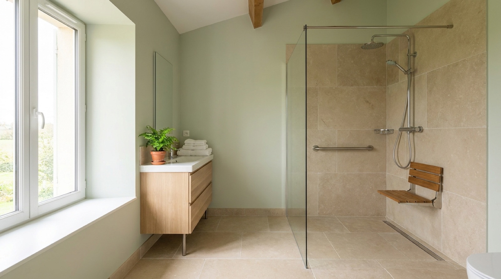 Salle de bain rénovée avec douche de plain-pied, barre d'appui et siège mural
