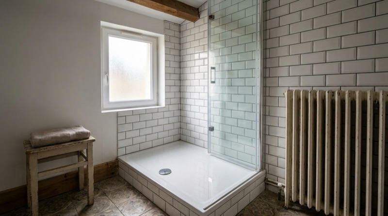 Receveur de douche extra-plat installé à la place d'une ancienne baignoire